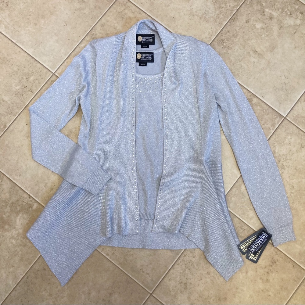 Christine Alexander Metallic Silver Swarovski Sweater Cardigan Tank Set Med NWT!